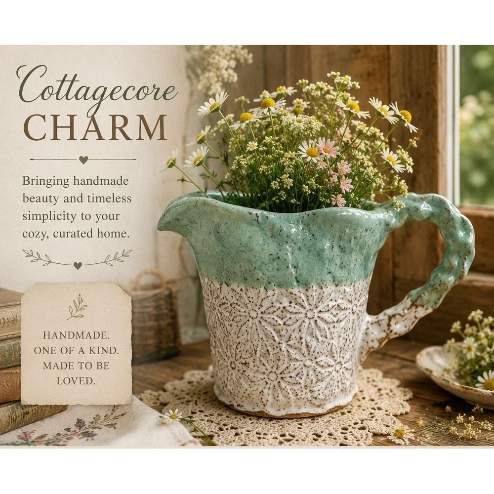 Signed Handmade Studio‎ Pottery Pitcher Aqua White Speckled Glaze Floral Texture